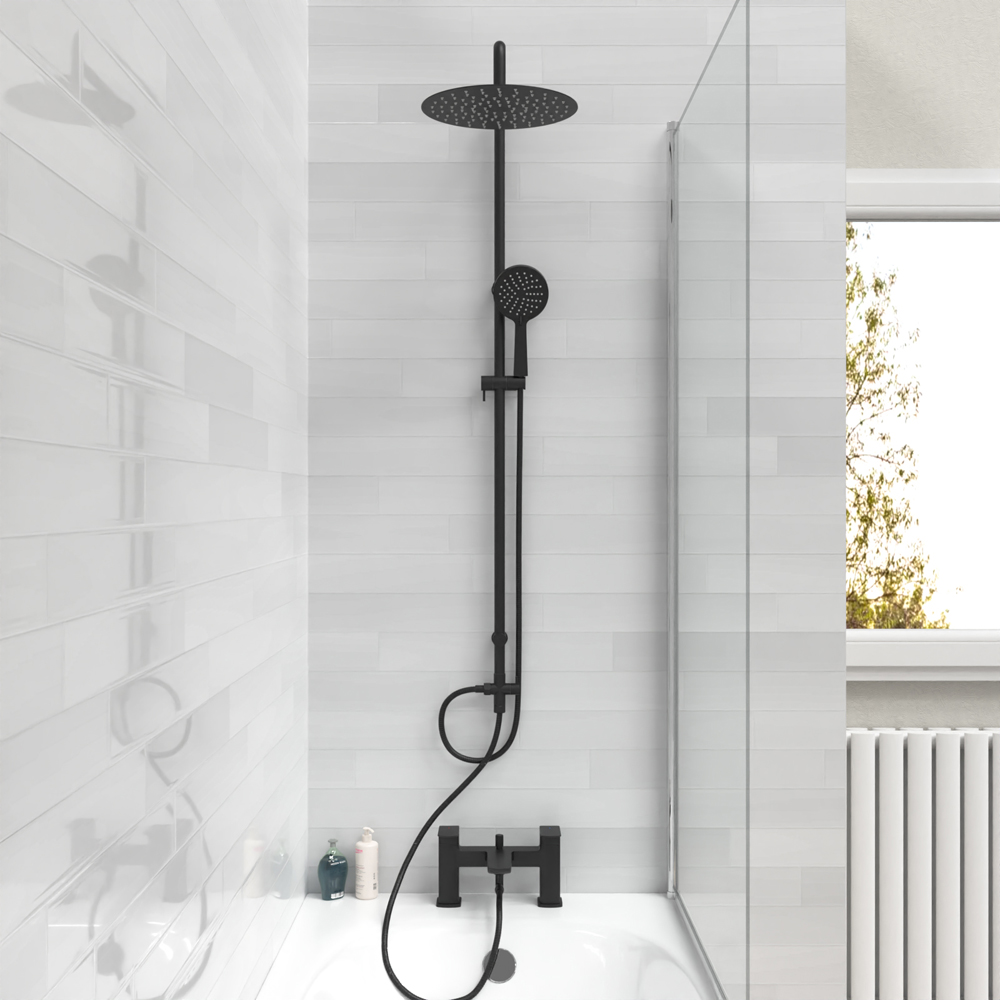 Nes Home Astra Matte Black Round Shower Riser Rail Kit with Bath Mixer and Handset Image 3