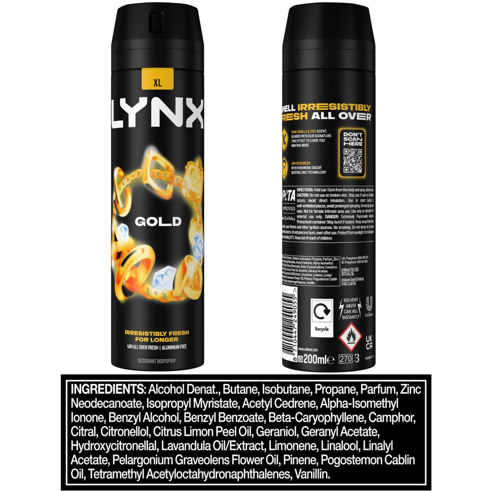 Lynx XL Gold Oud Wood and Fresh Vanilla 48H Sweat Protection Deodorant Body Spray 200ml 3 Pack Image 9