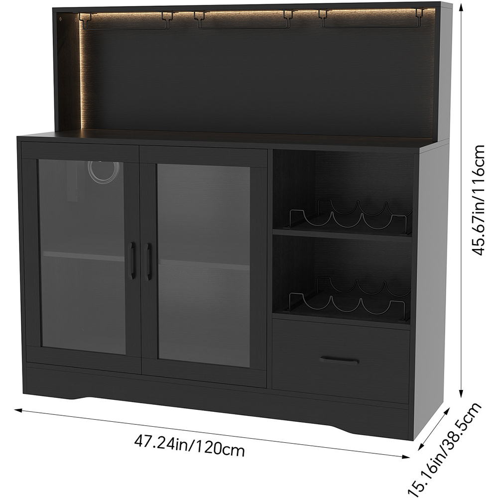 Living and Home 2 Door Single Drawer 3 Shelf Black RGB LED Bar Cabinet with Power Outlet Image 9