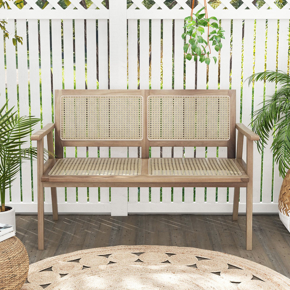 Costway Teak Wood Rattan Garden Bench Image 4