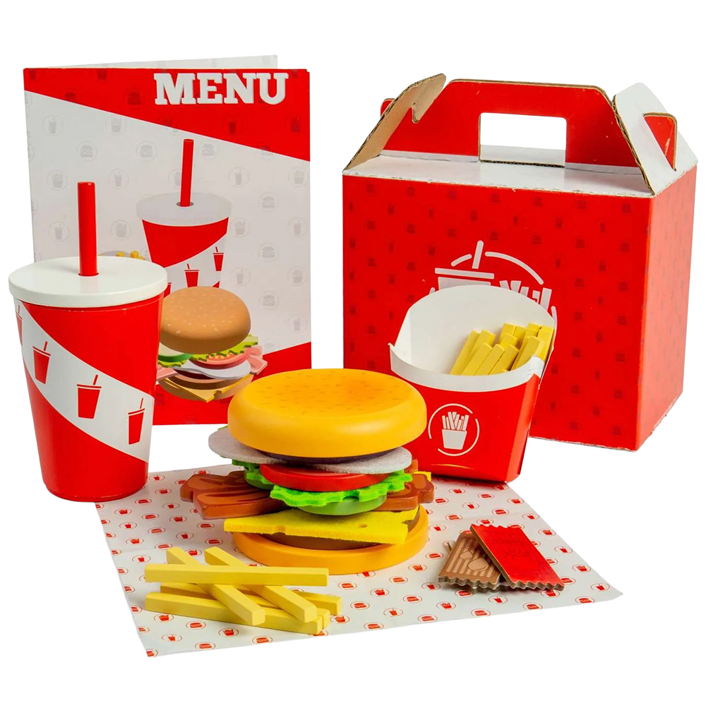 Bigjigs Toys Kids 48 Pieces Wooden Burger and Fries Pretend Playset Image 1