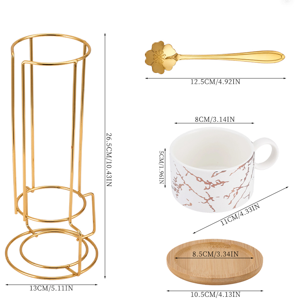 Living and Home 12 Piece White Marble Ceramic Coffee Cup Set with Stand Image 8