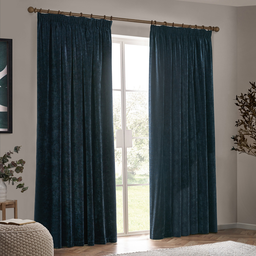 Yard Heavy Navy Chenille Velvet Pencil Pleat Curtains 117 x 137cm Image 6