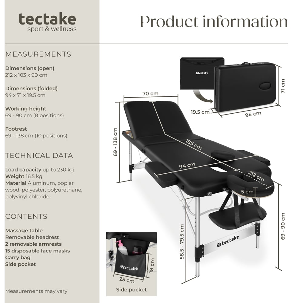 Tectake Phuket 3 Zone Black Massage Table Image 9