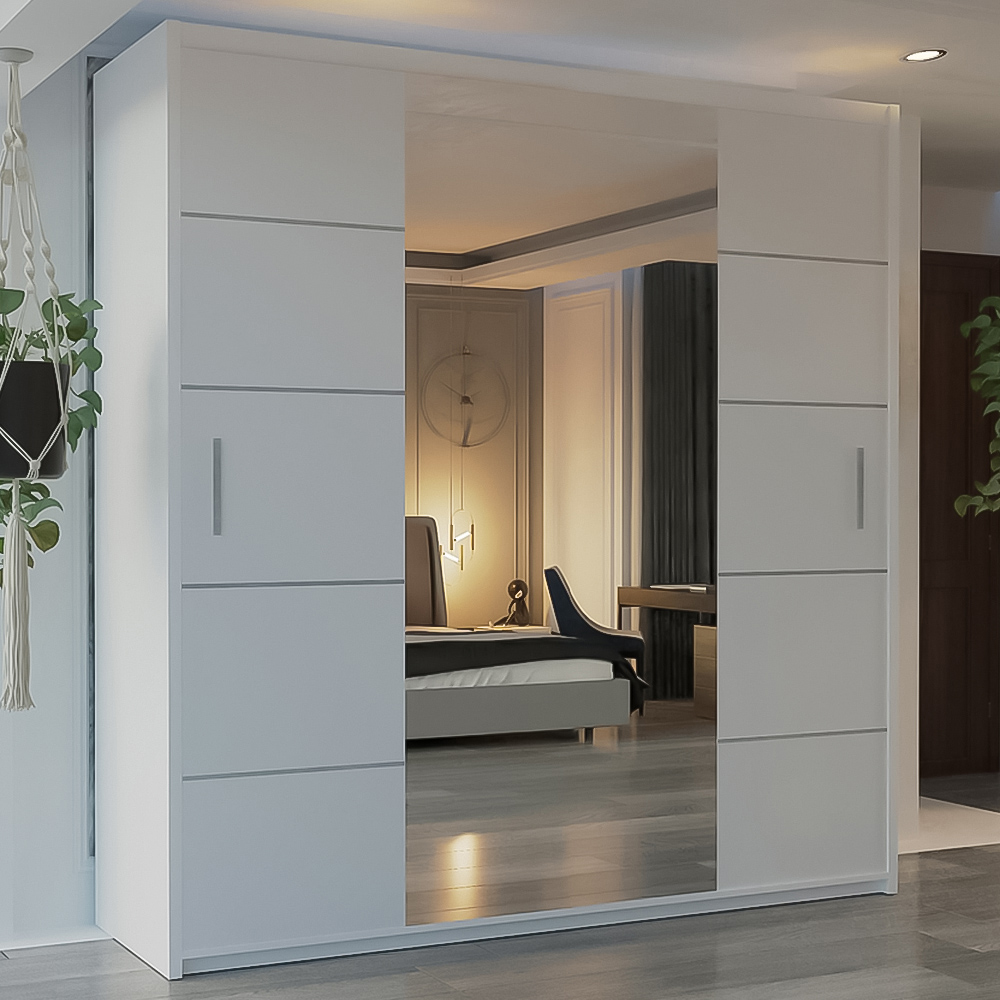 M N Furniture Osaka 2 Door White Mirrored Panel Sliding Wardrobe 150cm Image 1