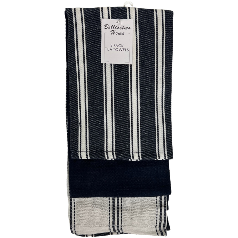 Bellissimo Navy Stripe Cotton Tea Towel 3 Pack Image 1