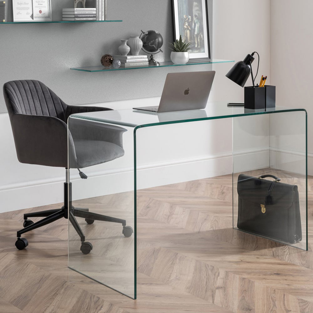 Julian Bowen Amalfi Kahlo Glass Desk and Grey Swivel Office Chair Image 1