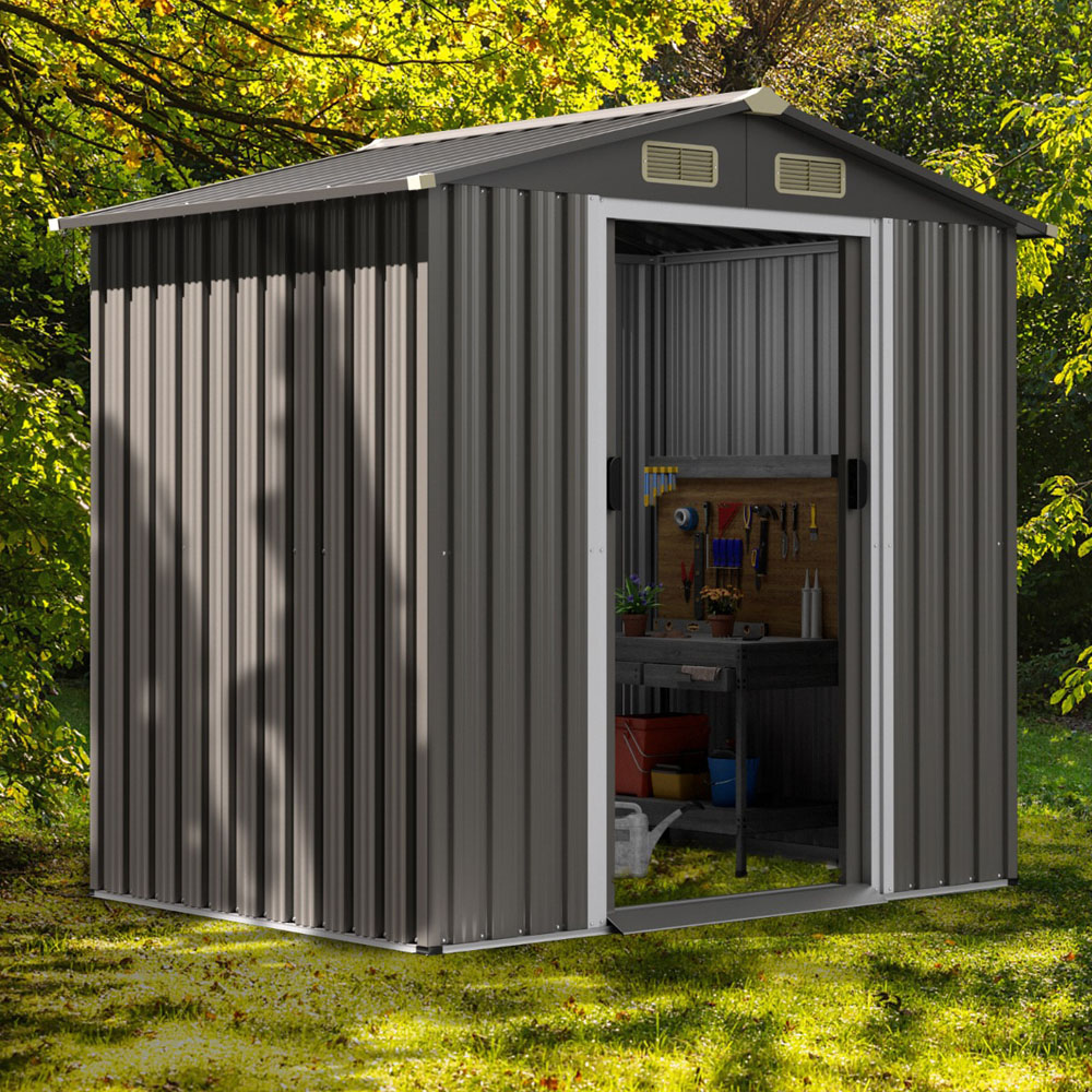 Costway 6 x 4ft Grey Outdoor Metal Storage Shed with Ventilation Sliding Doors Image 2