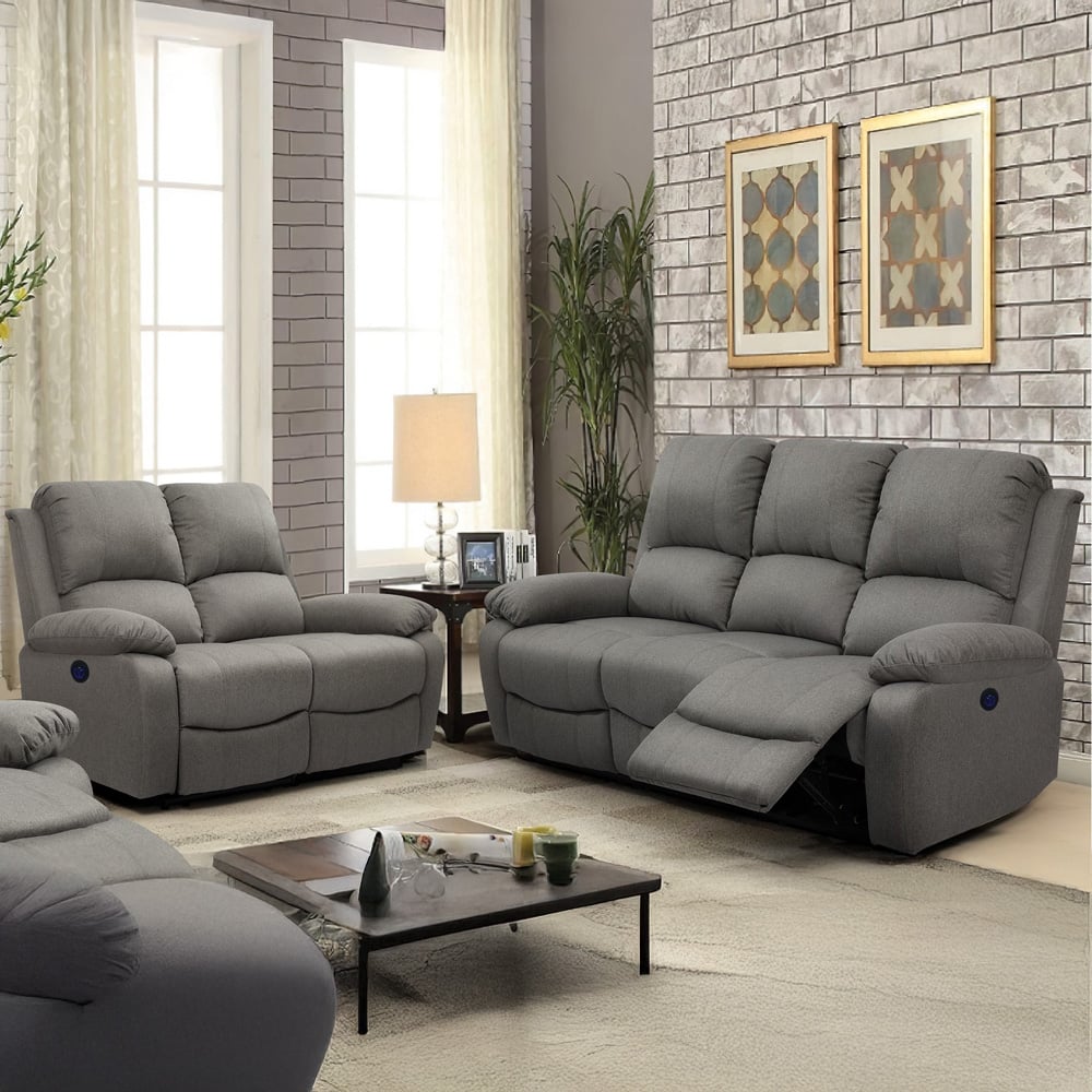 Comfy Living 5 Seater Light Grey Linen Electric Recliner Sofa Set Image 1