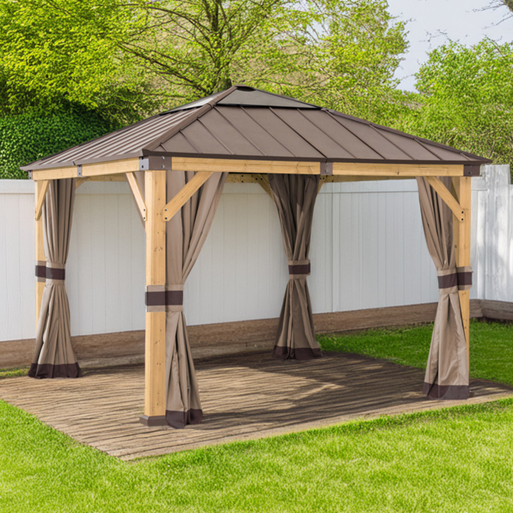 Sunjoy 2.7 x 2.7m Khaki Accessory Curtain for Cedar Wood Gazebo (Gazebo Not Include) Image 1