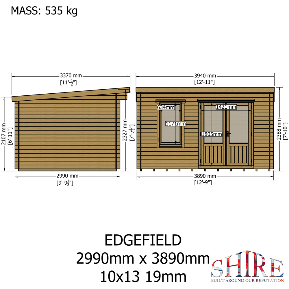 Shire Edgefield 13 x 10ft Apex Garden Log Cabin Image 9