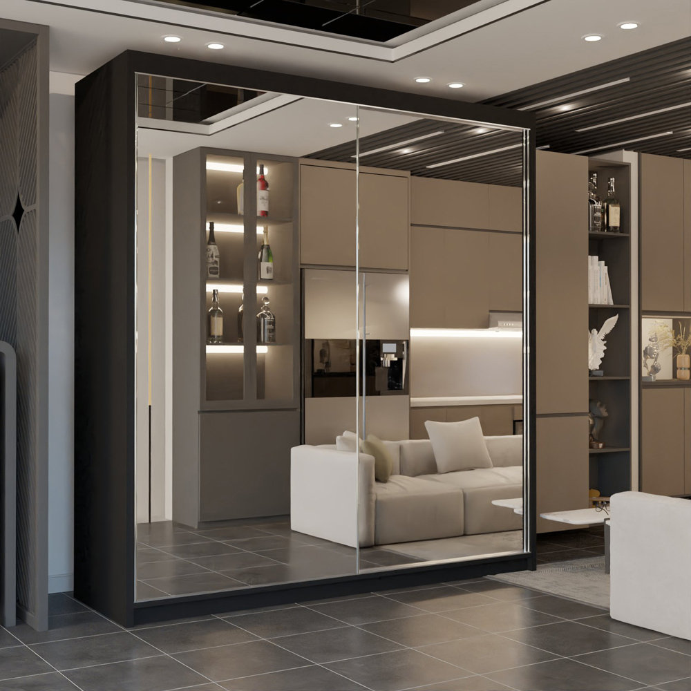M N Furniture 2 Door Black Mirrored Sliding Wardrobe 150cm Image 3