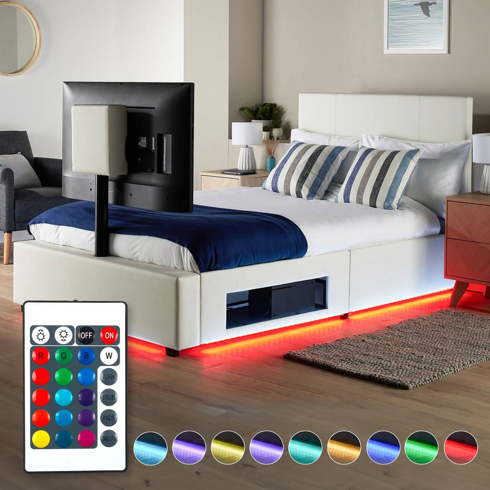 XR Living Ava Small Double White PU Upholstered TV Bed with Underbed Lights Image 8