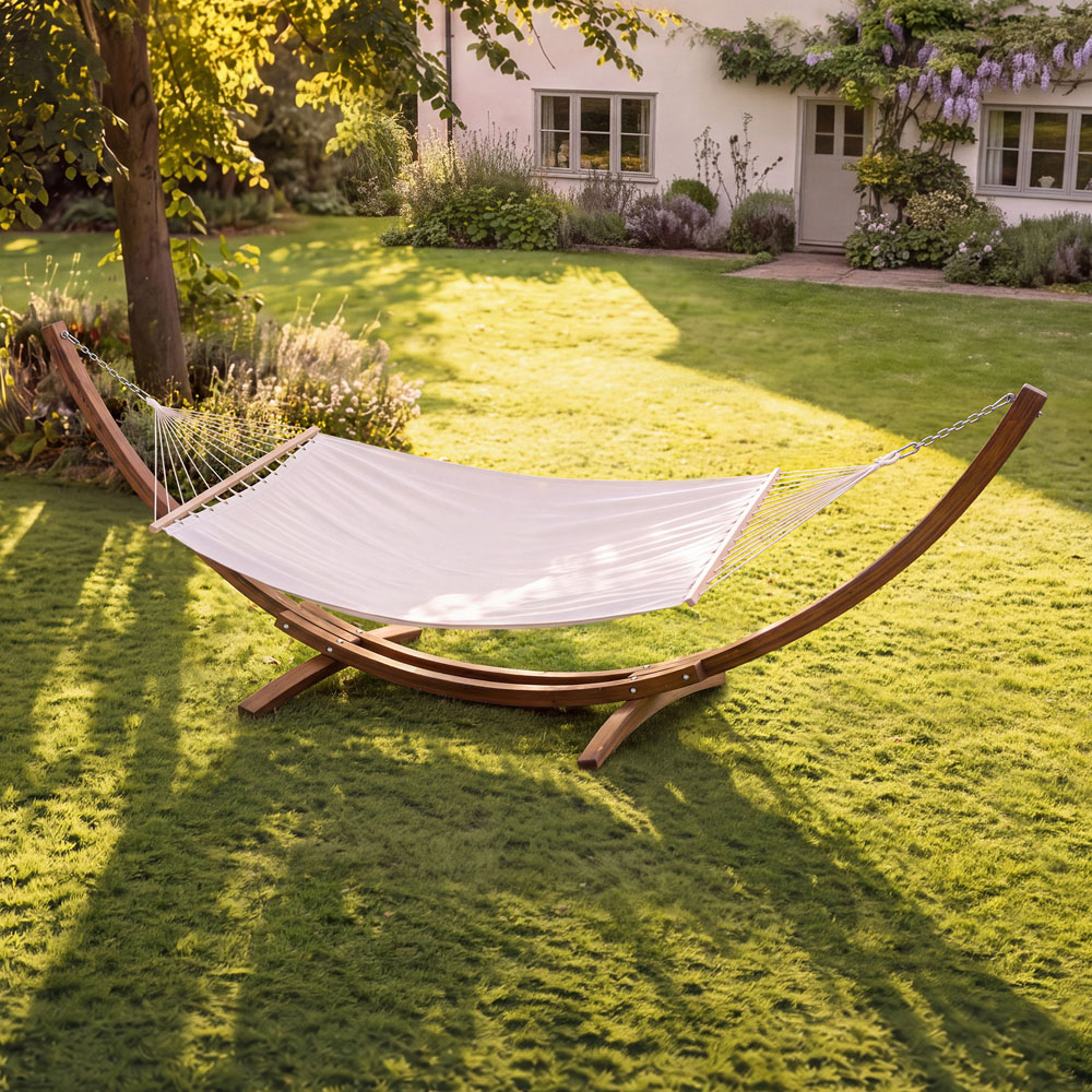 Charles Bentley Cream Canvas Extra Large Hammock with Wooden Arc Stand Image 1