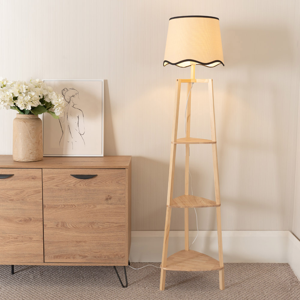 ValueLights Hiru Natural 3 Shelf Black Trim Scallop Shade Floor Lamp with Bulb Image 2