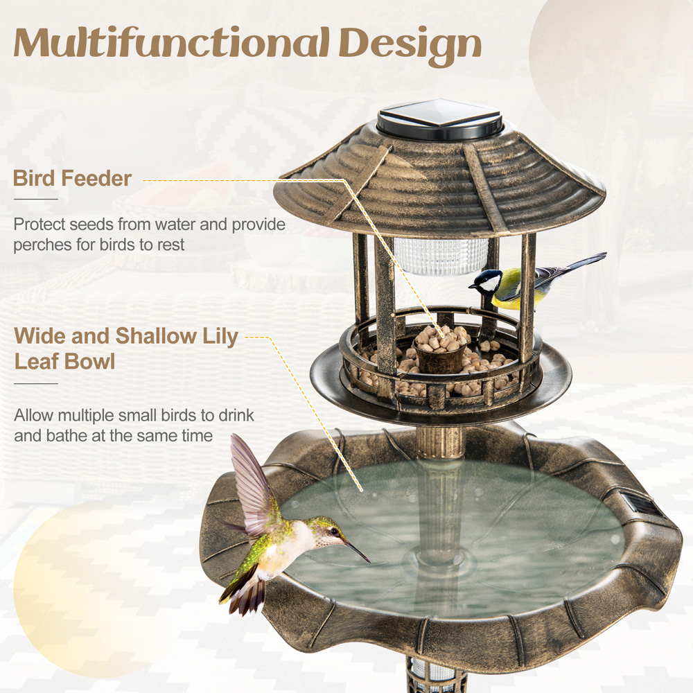 Costway Antique Birdbath and Feeder with 2 Solar Lamp Image 8