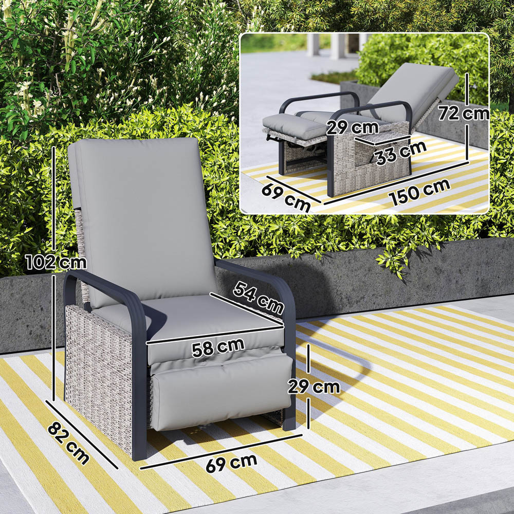 Outsunny Grey Rattan Garden Recliner Chair Sun Lounger with Side Tray Image 9
