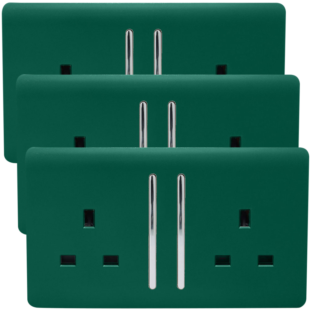 Trendi Switch 2 Gang 13amp Dark Forest Green Long Switched Plug Socket 3 Pack Image 1