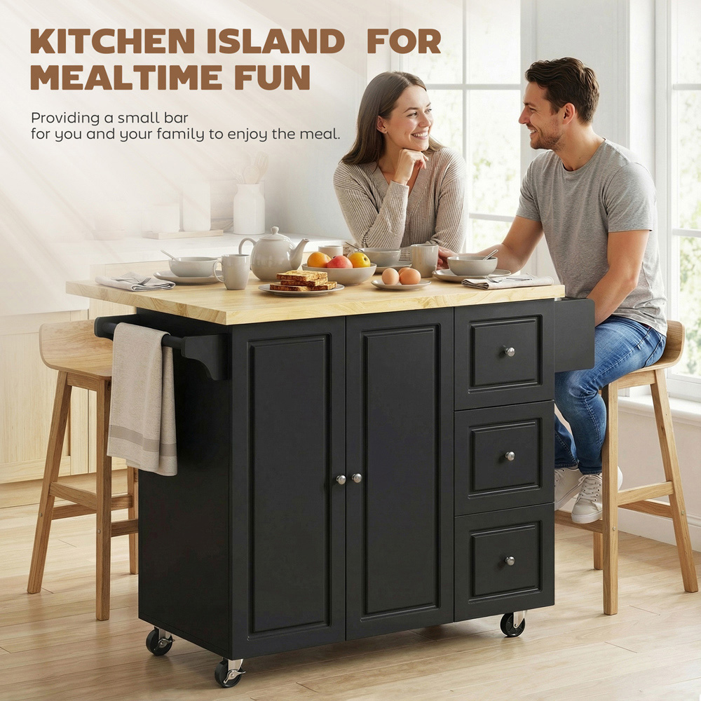 Portland 2 Door 3 Drawer Black Drop Leaf Kitchen Island Storage Trolley Image 4