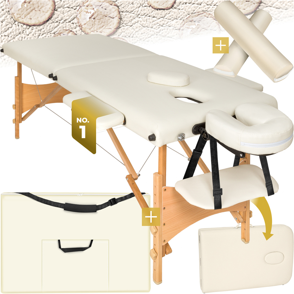 Massage Table - 2-zones with wooden frame, bolsters, carry bag, head and armrests - Beige Image 3
