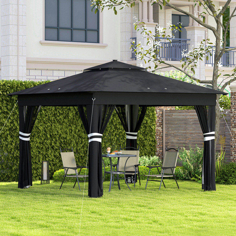 Outsunny 3 x 3m Black Solar LED Pop Up Gazebo with Netting and Wheeled Carry Bag Image 1