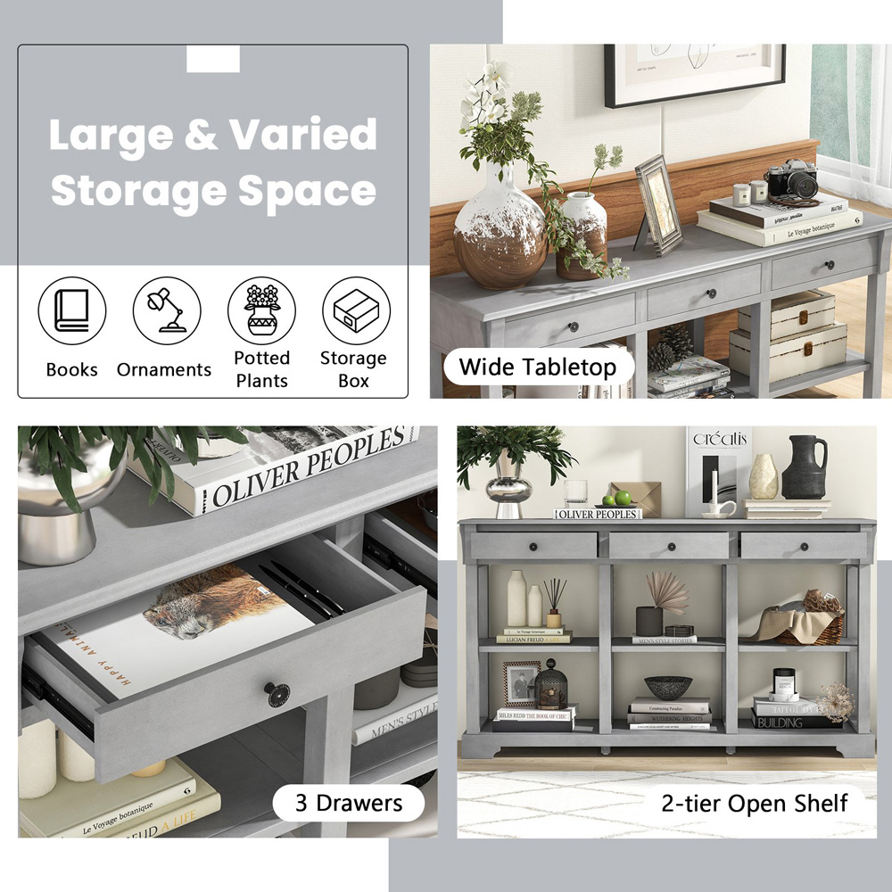 Costway 3 Drawer Open Shelf Grey Retro Console Table Image 8