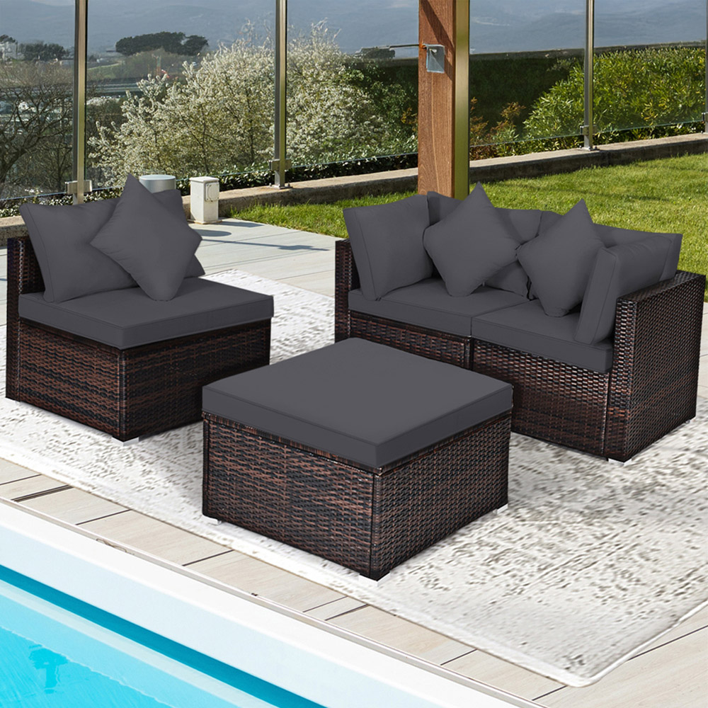 Costway 3 Seater Grey Outdoor Rattan Conversation Set with Cushions and Pillows Image 1