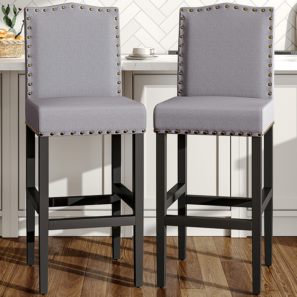 Living and Home Grey Linen Kitchen Counter Bar Stool Set of 2 Image 1