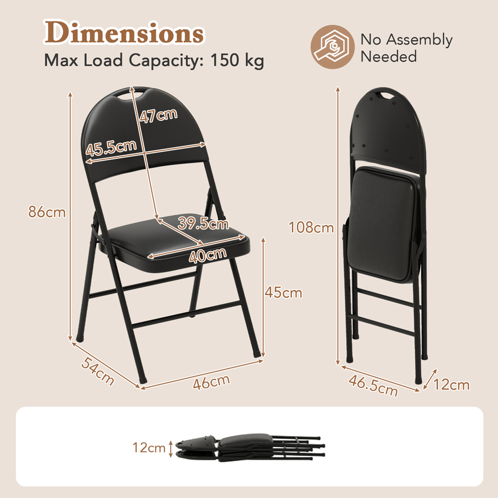 Costway Set of 2 Black Folding Chairs Padded Chairs with Carry Handle Image 9