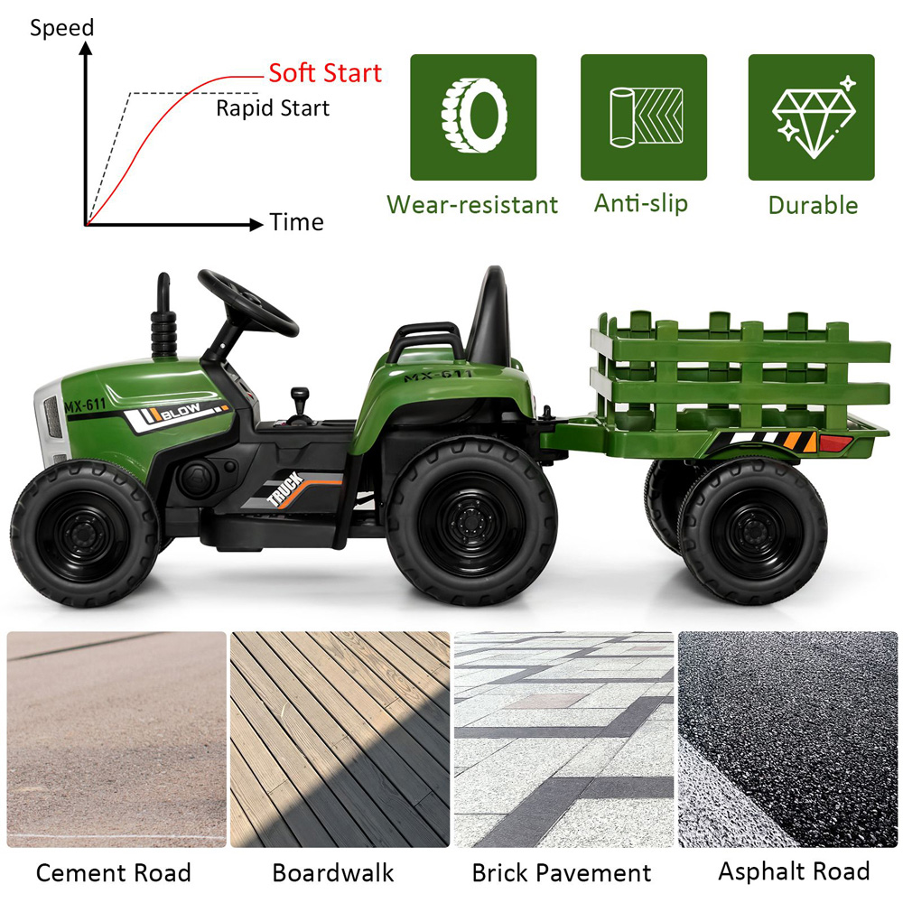 Costway Ride On Tractor with Trailer Dark Green 12V Image 4