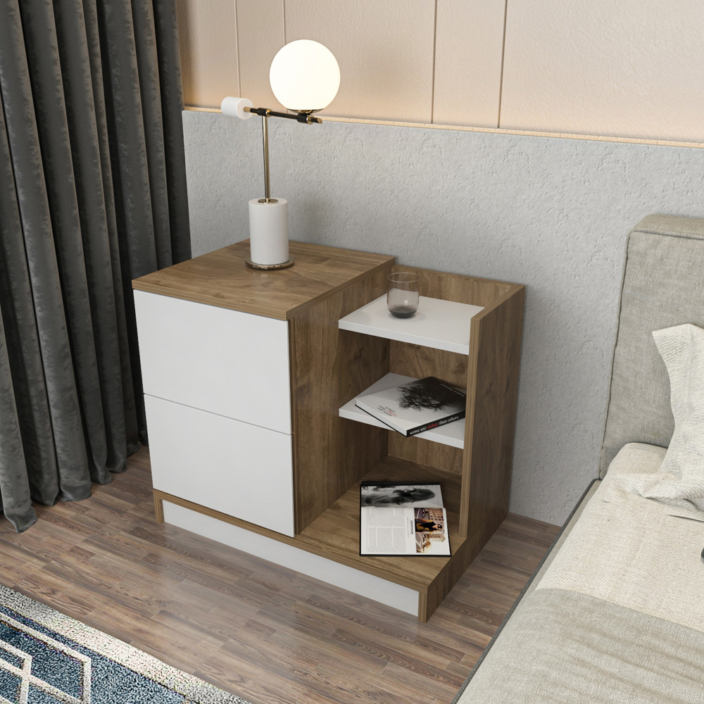 Decorotika Rena 2 Door 3 Shelf White and Walnut Bedside Table Image 4