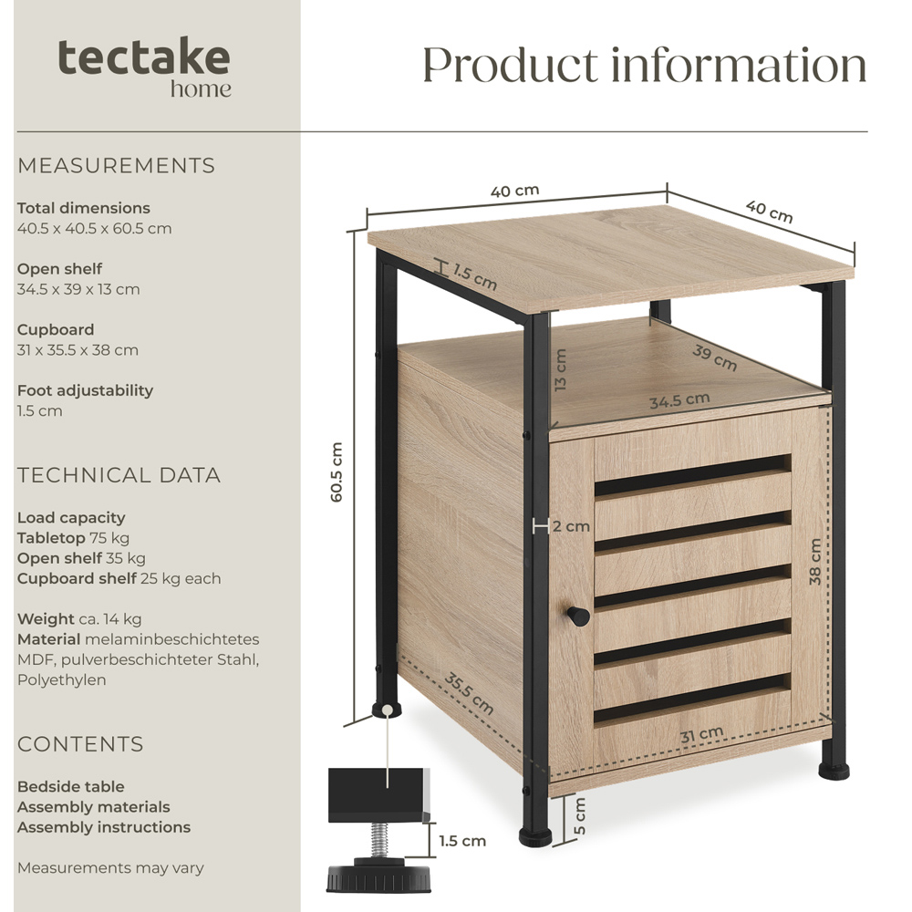 Tectake Cork Single Door Single Shelf Sonoma Oak Bedside Table Image 9