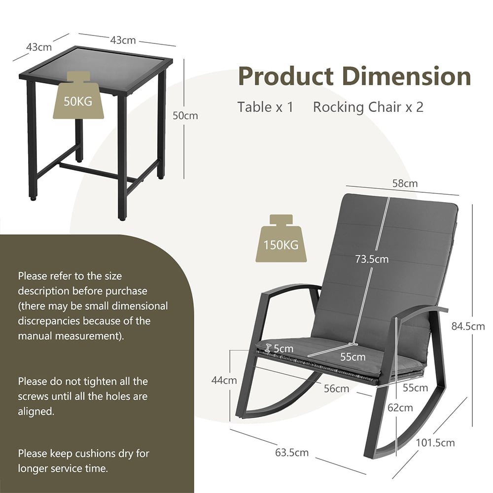 Costway 2 Seater PE Rattan Rocking Chair Bistro Set Grey Image 9