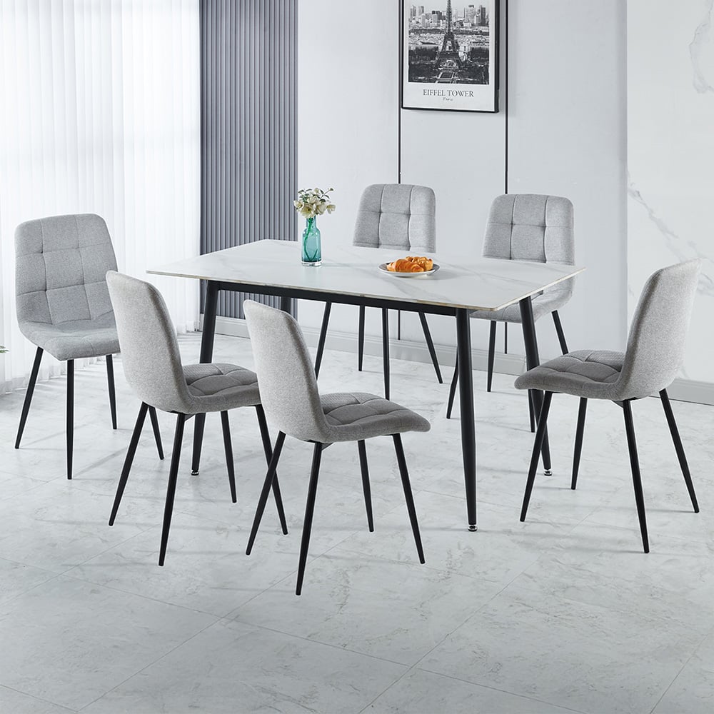 Seconique Fenton 6 Seater Dining Set White and Light Grey Fabric Image 1