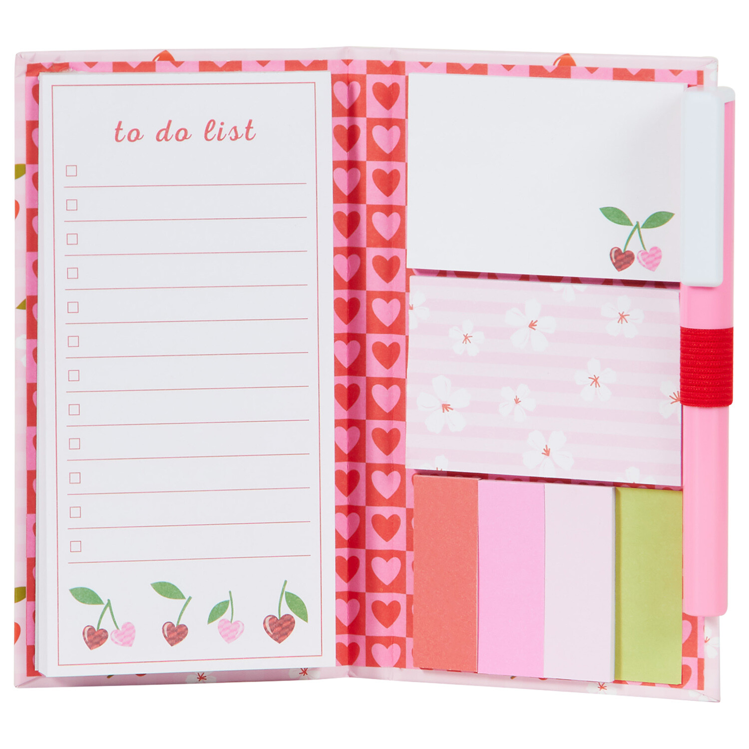 Cherry Hearts Sticky Notes Set with Pen - Pink Image 1