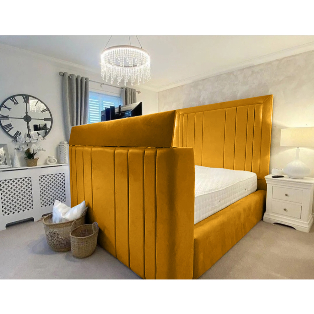 Eleganza Home Genna Double Mustard Plush Velvet TV Bed Frame with Lined Headboard Image 3