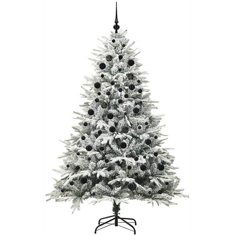 vidaXL 300 LED Pre-Lit Black Baubles Green Artificial Snow Flocked Christmas Tree 7ft Image 4