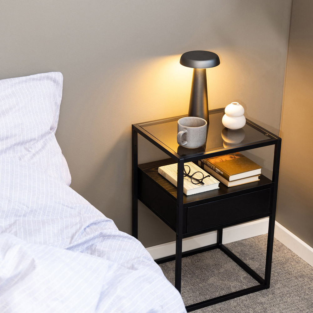 Florence Randolf Single Drawer Single Shelf Black Smoked Glass Bedside Table Image 9