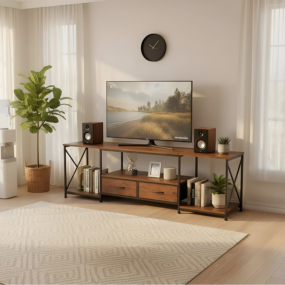 Living and Home 2 Fabric Drawer 3 Shelf Brown Industrial TV Stand Image 7