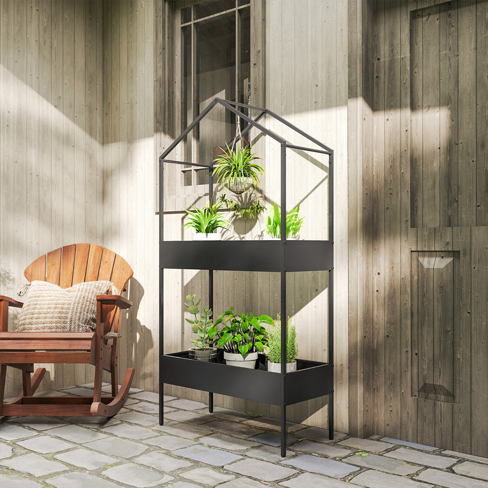 Outsunny 2 Shelf Black Metal Plant Stand with Hook Image 2