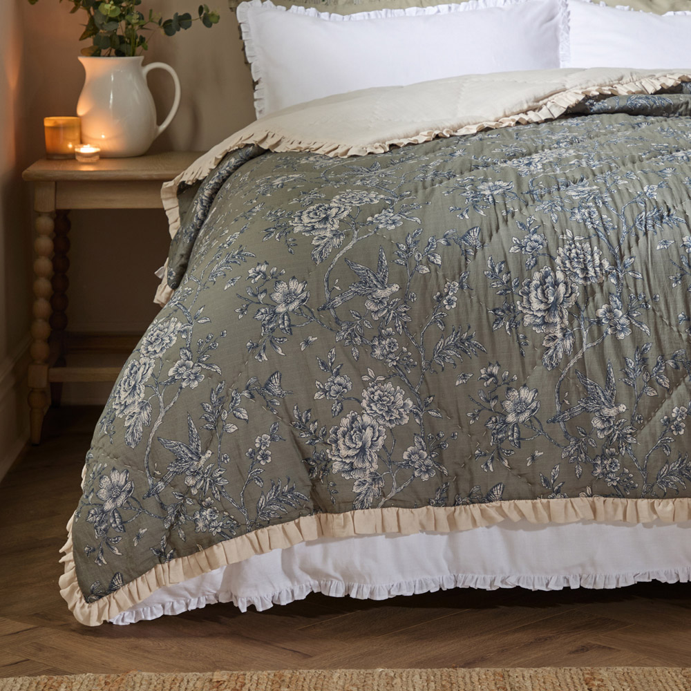 Wylder Hermoine Moss Nature Ruffled Cotton Bedspread 150 x 200cm Image 2