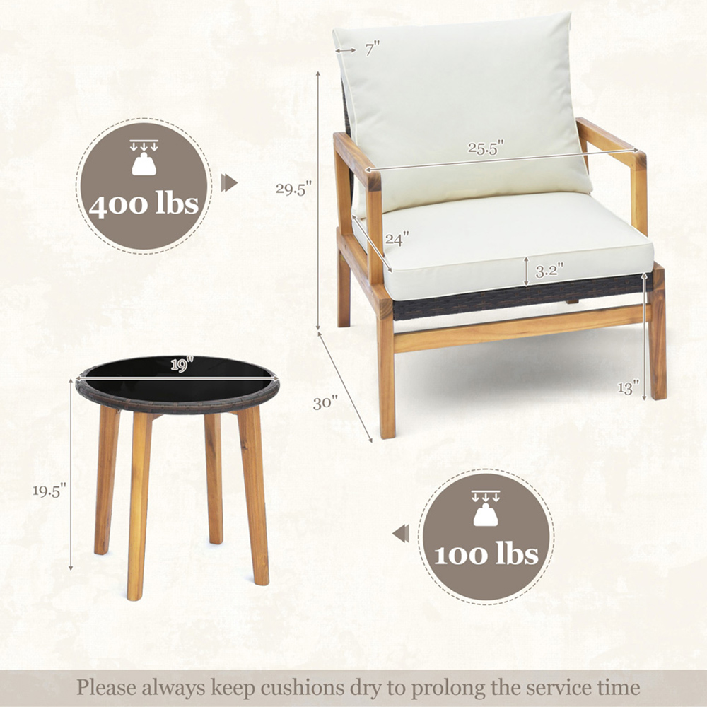 Costway 2 Seater Ratan Wicker White Chair and Side Table Set with Cushion Image 7