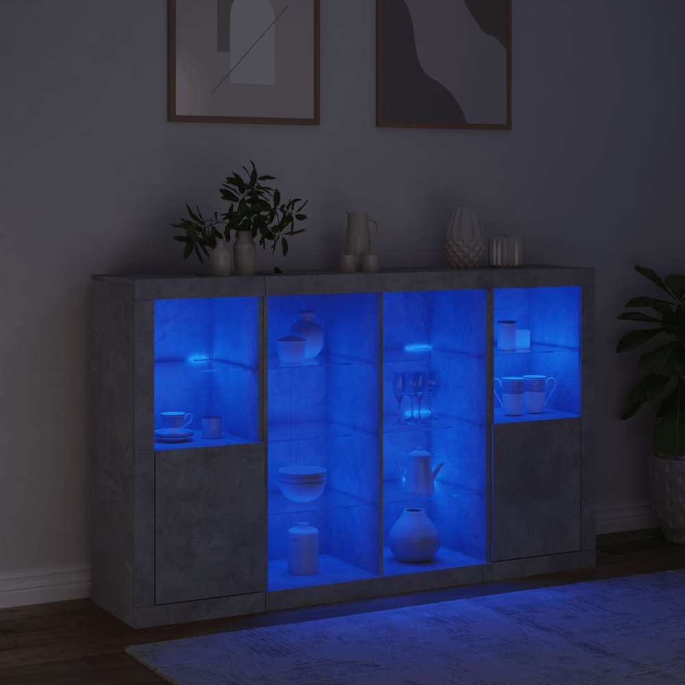 vidaXL 2 Door 12 Shelf Concrete Grey Wooden Sideboard with LED Lights 3 Piece Image 8