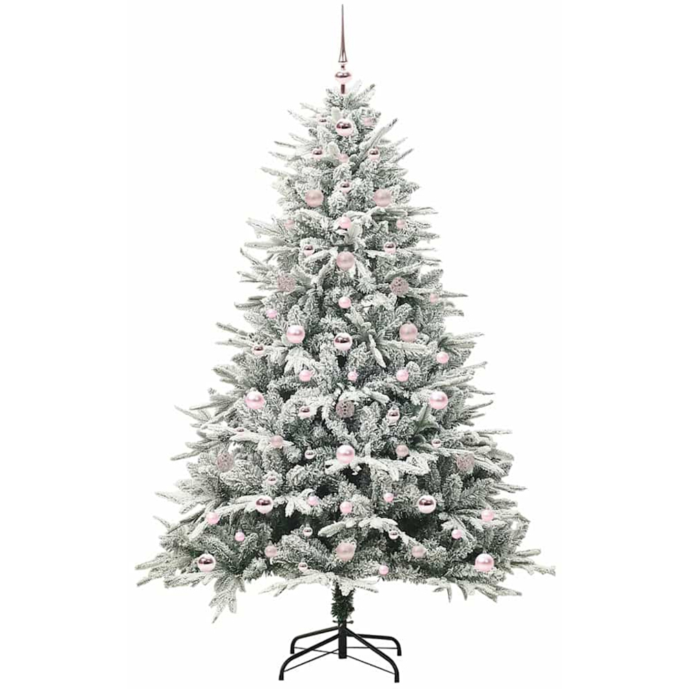 vidaXL 300 LED Pre-Lit Pink Baubles Green Artificial Snow Flocked Christmas Tree 6ft Image 4