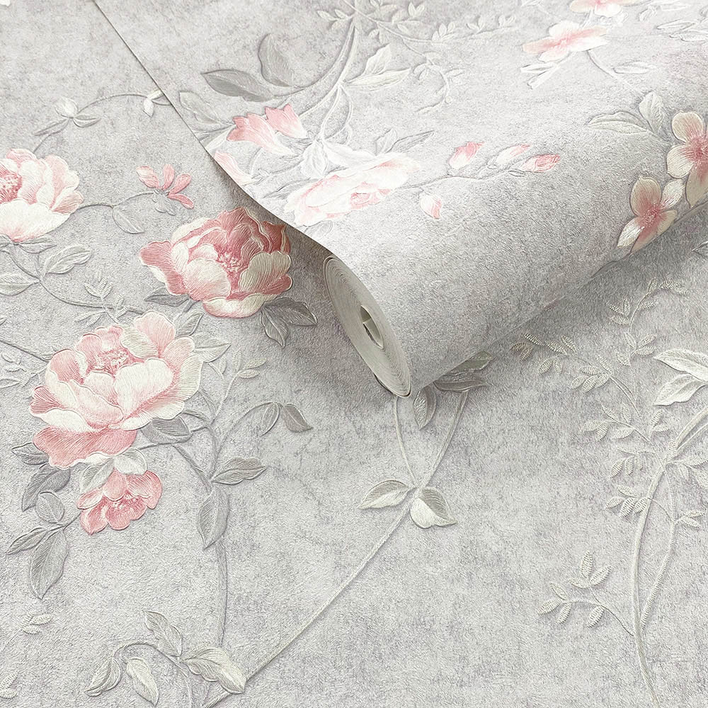 Muriva Darcy James Bettany Floral Pink and Grey Wallpaper Image 2