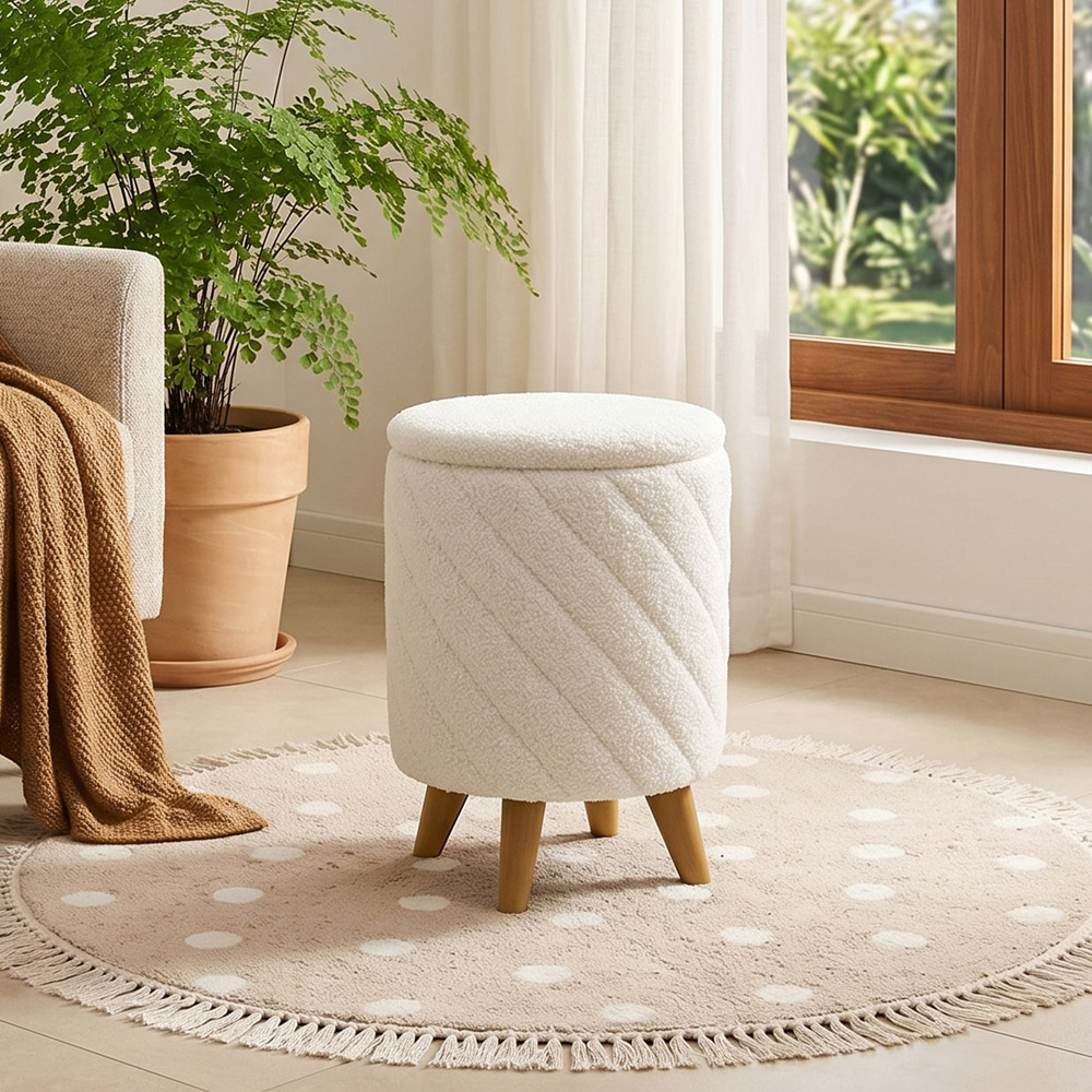 Living and Home White Teddy Fleece Round Storage Ottoman with Wood Legs Image 7