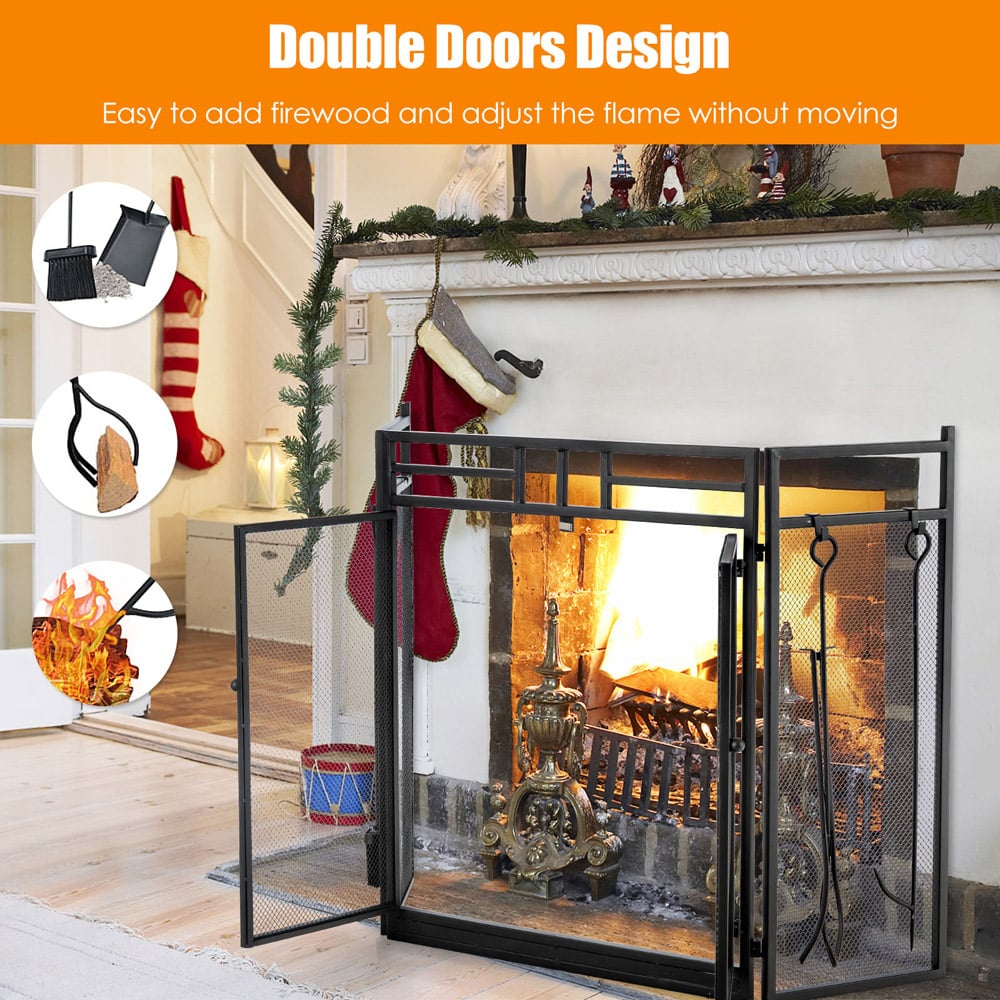 Costway 3 Panel Black Folding Fireplace Screen with Tools Set Image 8