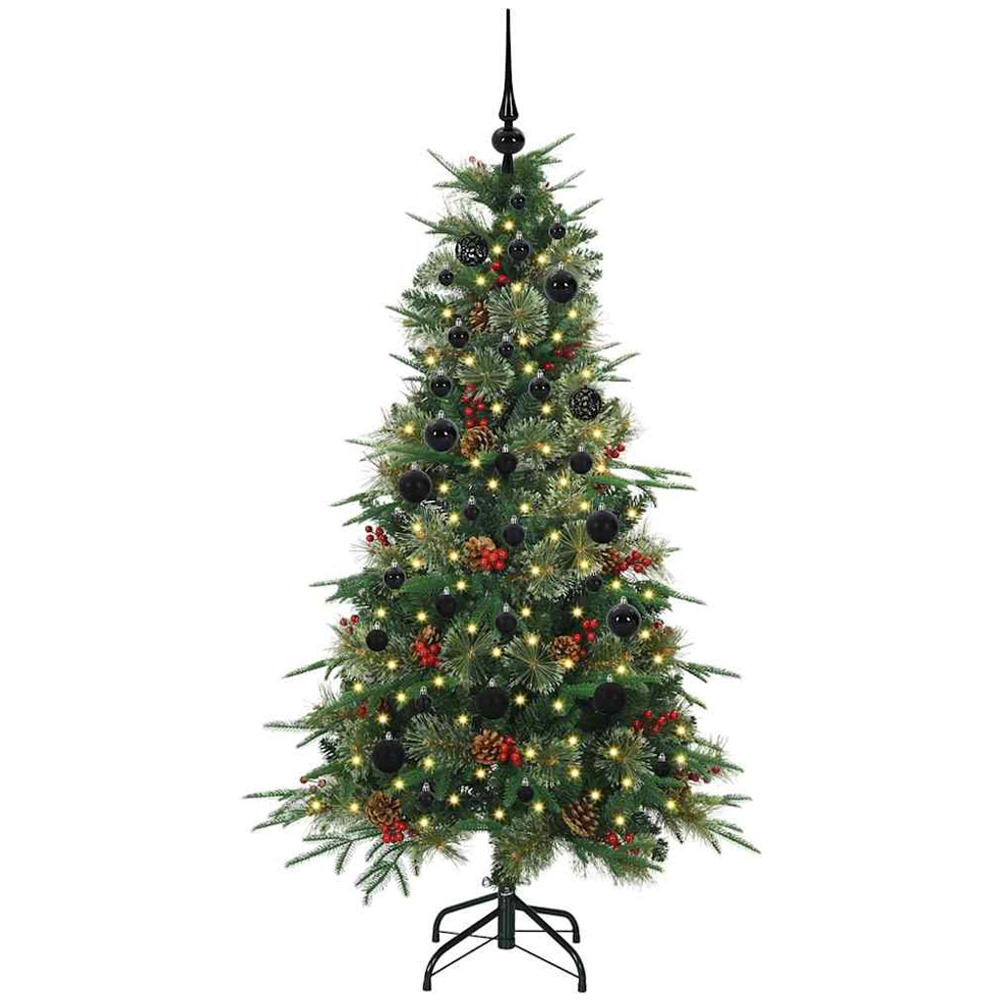 vidaXL Pre-Lit Black Baubles Green Artificial Hinged Christmas Tree 5ft Image 1