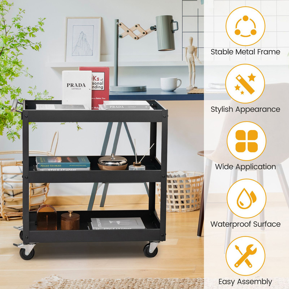 Costway Black 3 Shelf Rolling Metal Utility Cart with Ergonomic Handle Image 2