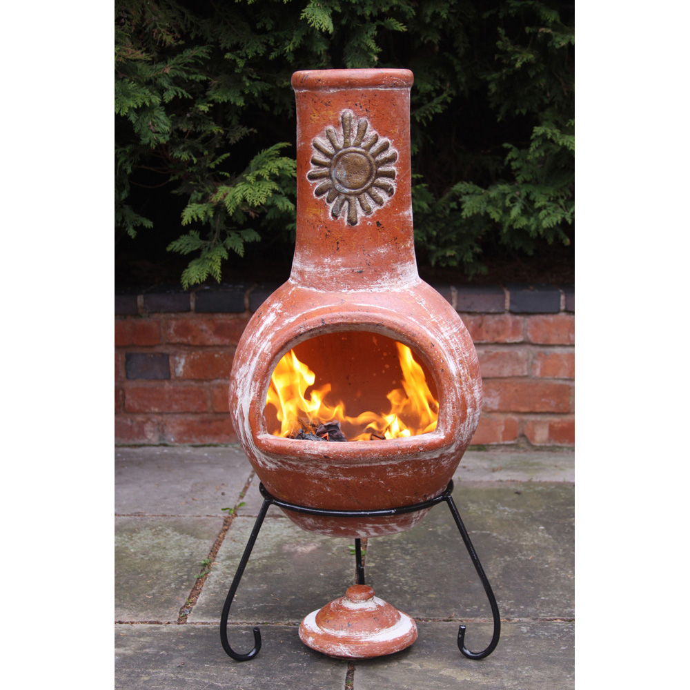 Gardeco Sol Large Sun Motif Rustic Orange Mexican Chimenea with Stand and Lid Image 2